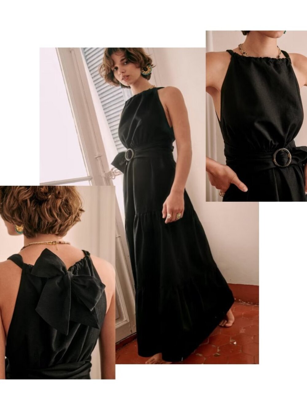 ✨ NEW Sezane Nastasia Black Linen Bow Maxi Dress US 14 / FR 46
